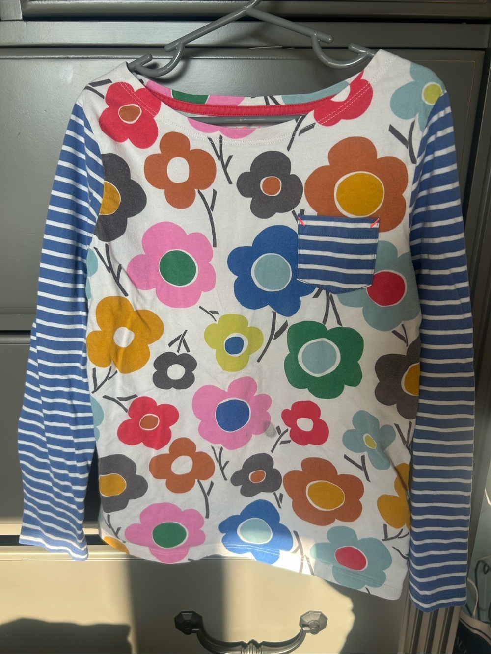 Mini Boden White Long-Sleeve Tee with Multicolor Floral Print